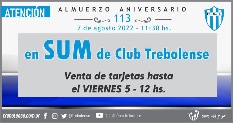 El almuerzo aniversario de Trebolense, se realizará en el SUM de la institución